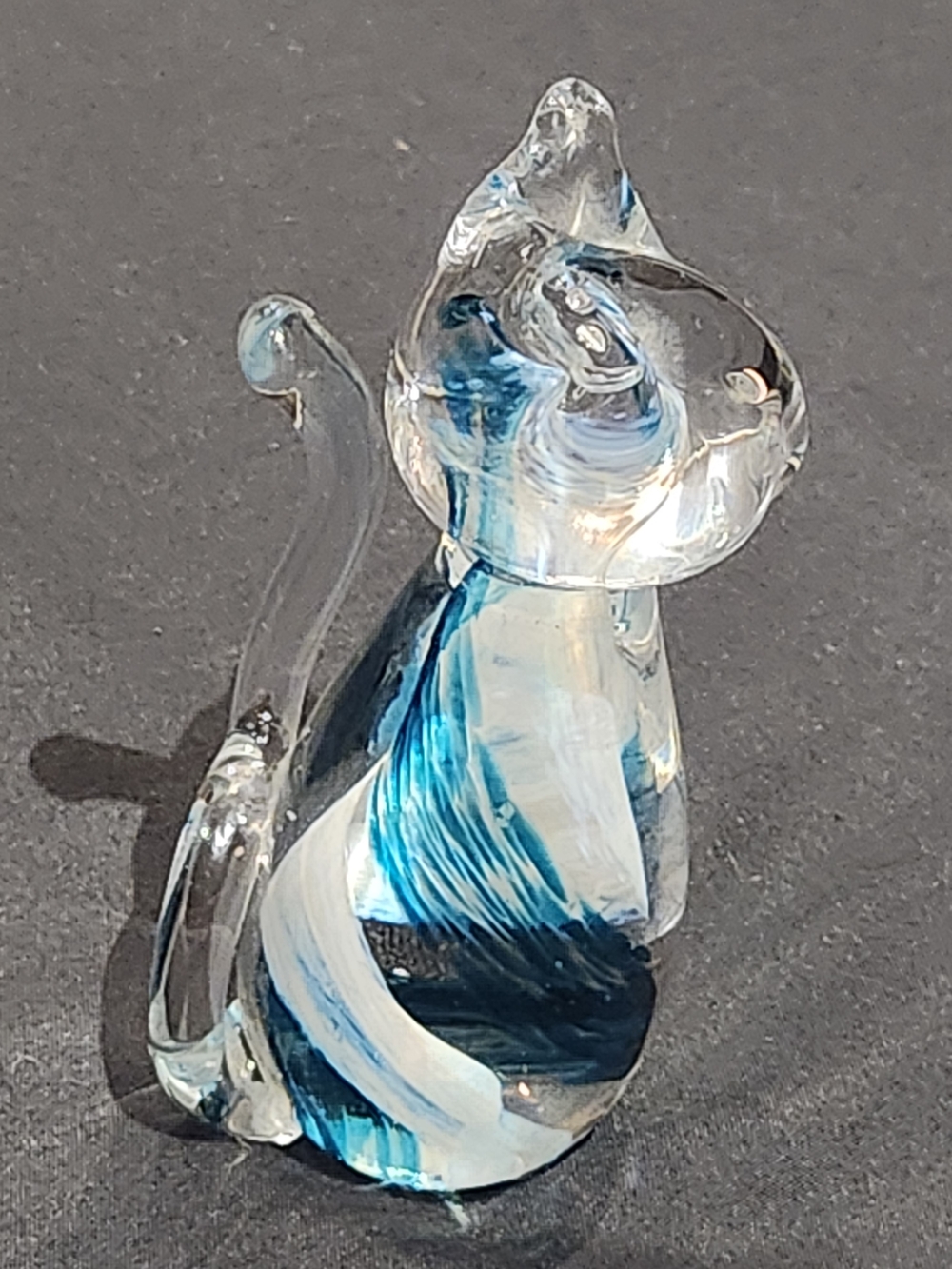 Cat Kitten Clear & Blue Blown Glass Murano Style 4" Paperwork Shelf Sitter